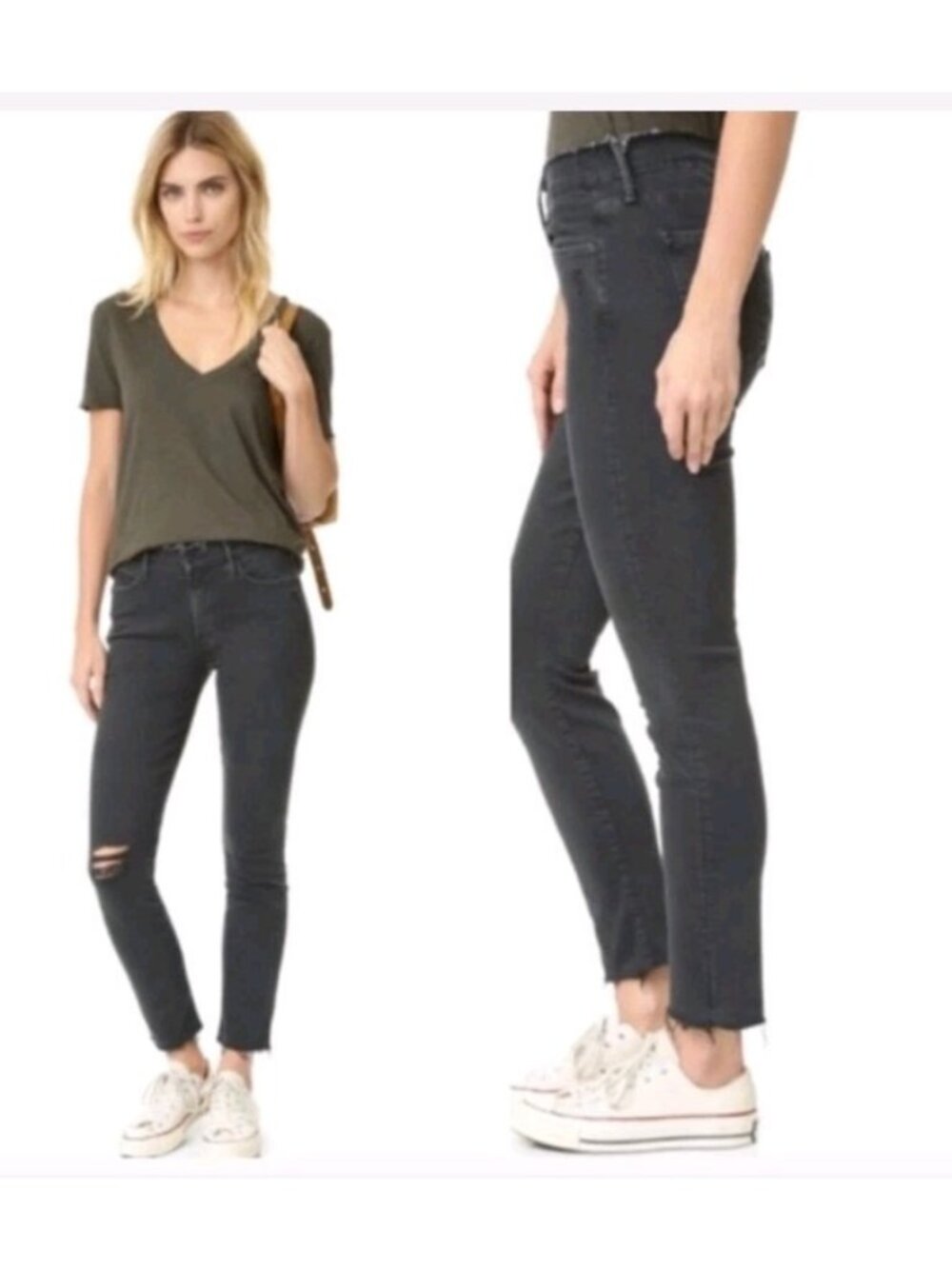Mother Double Fray Charmer Skinny Jean Distressed Stretch Denim Faded Black 25